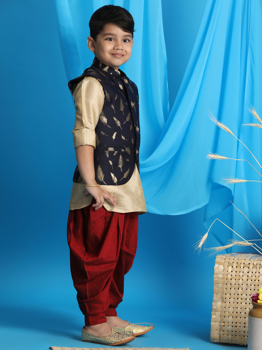 VASTRAMAY Boy's Navy Blue Golden Printed Nehru Jacket With Gold Kurta And Maroon Dhoti Set - qivii