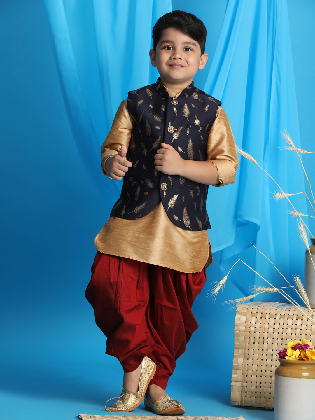 VASTRAMAY Boy's Navy Blue Golden Printed Nehru Jacket With Rose Gold Kurta And Maroon Dhoti Set - qivii