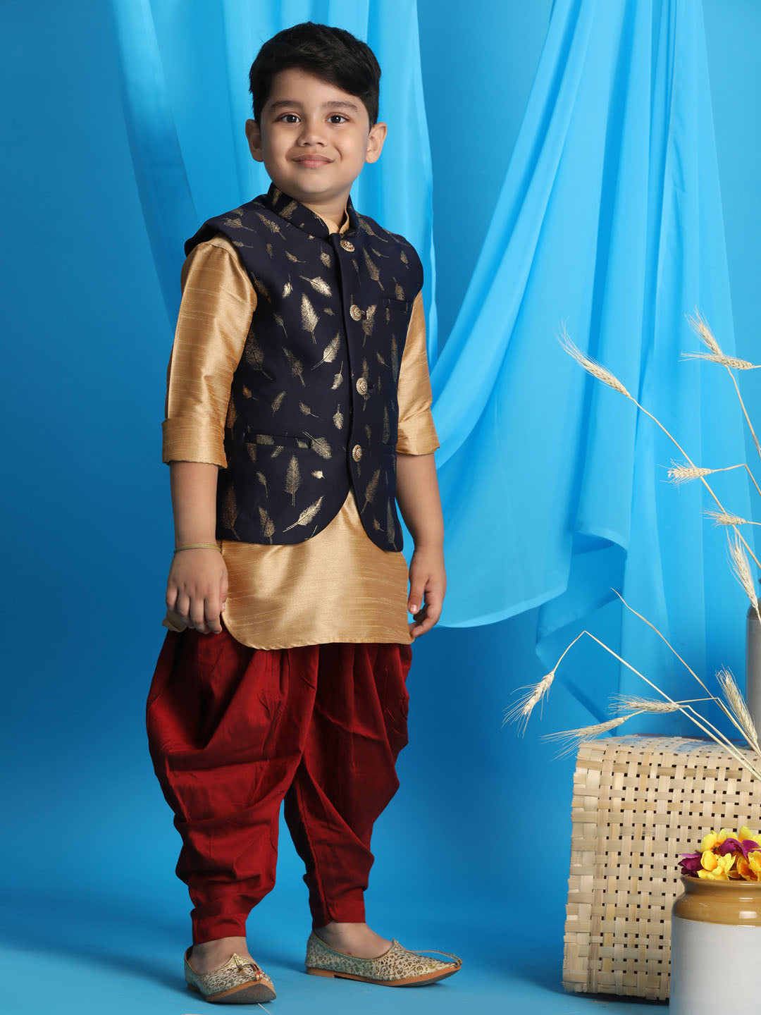 VASTRAMAY Boy's Navy Blue Golden Printed Nehru Jacket With Rose Gold Kurta And Maroon Dhoti Set - qivii