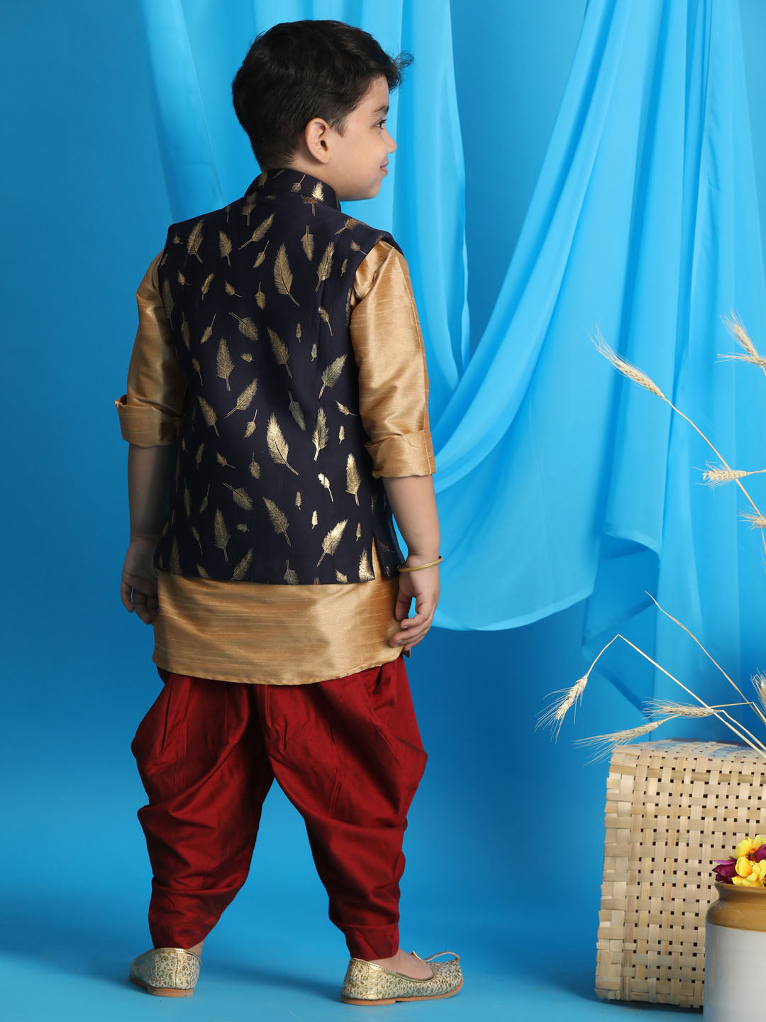 VASTRAMAY Boy's Navy Blue Golden Printed Nehru Jacket With Rose Gold Kurta And Maroon Dhoti Set - qivii