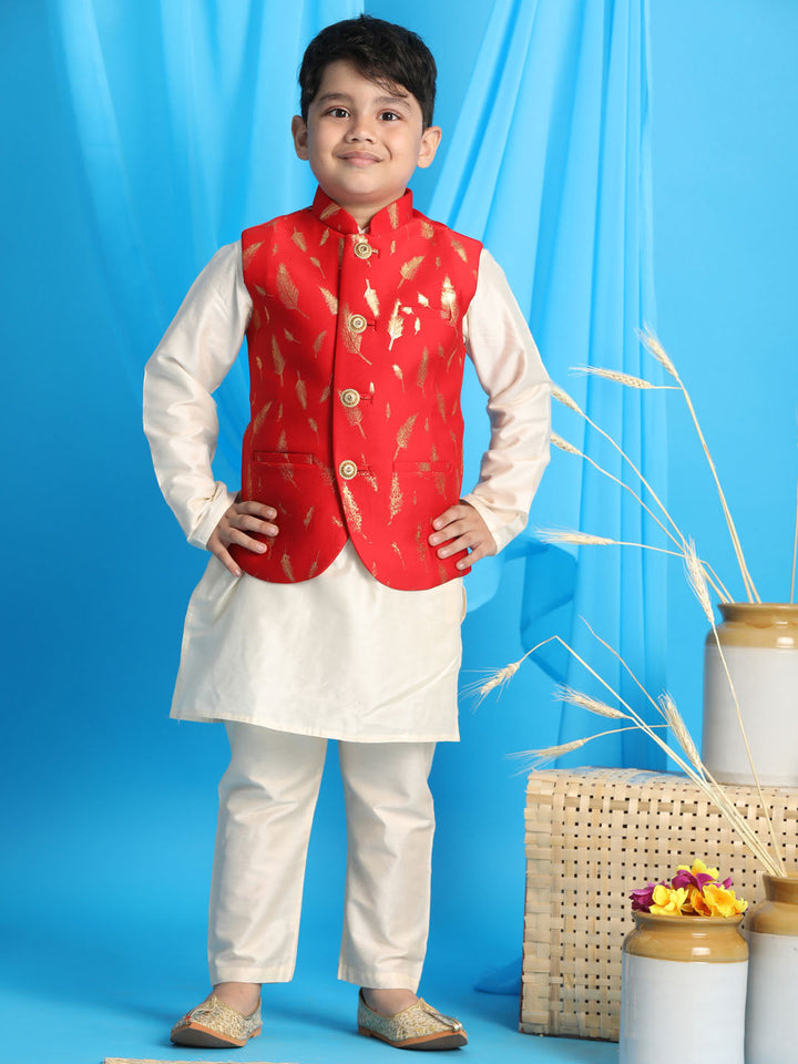 VASTRAMAY Boy's Red Golden Printed Jacket With Cream Kurta Pyjama set