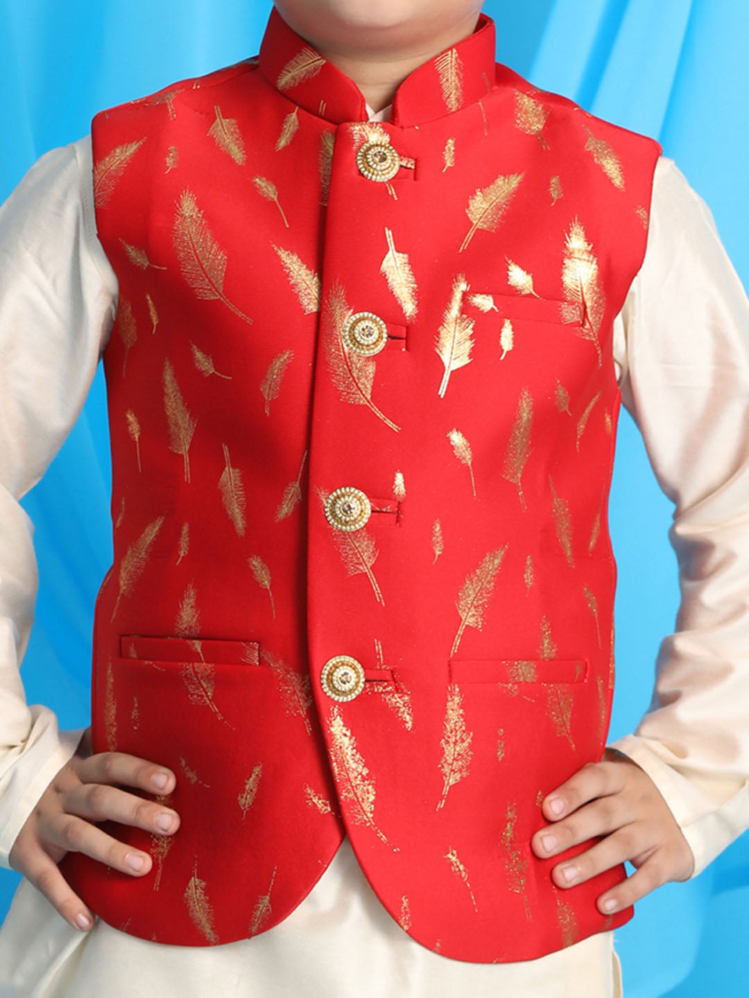 VASTRAMAY Boy's Red Golden Printed Jacket With Cream Kurta Pyjama set