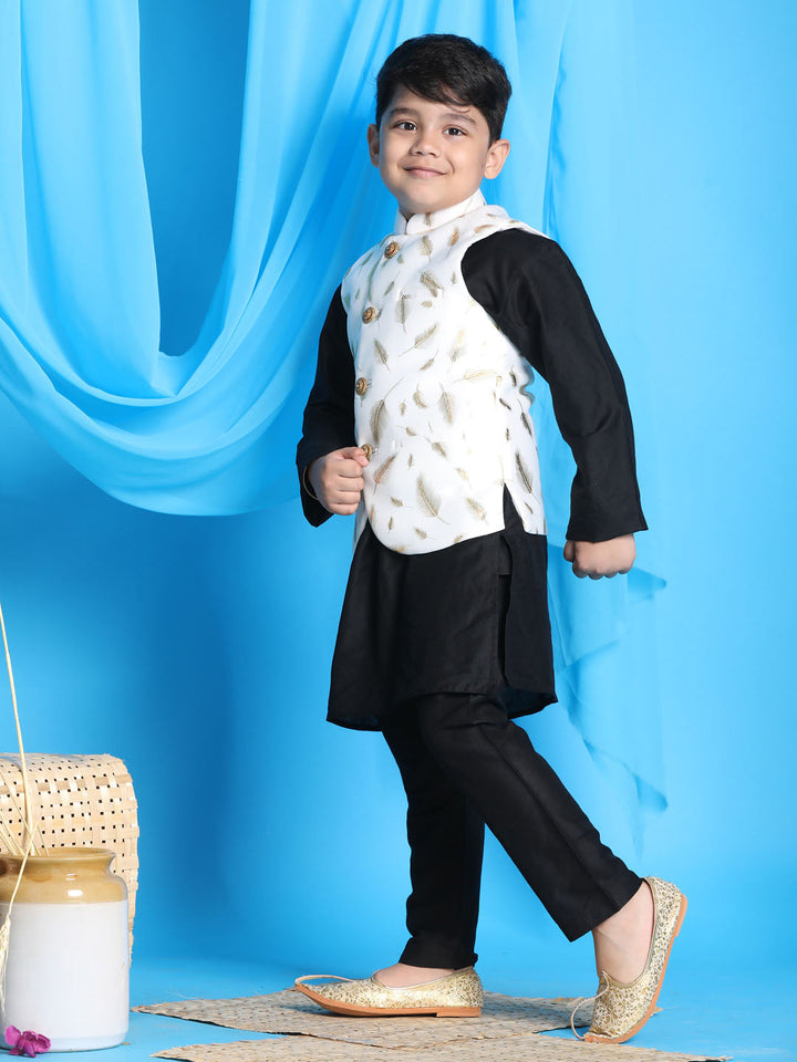 VASTRAMAY White And Gold Scuba Foil Print Nehru Jacket And Black Solid Kurta Pyjama Set