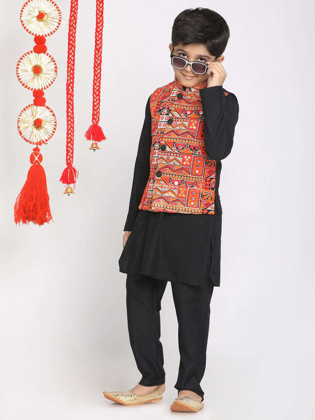 VASTRAMAY Boys' Orange And Black Nehru Jacket