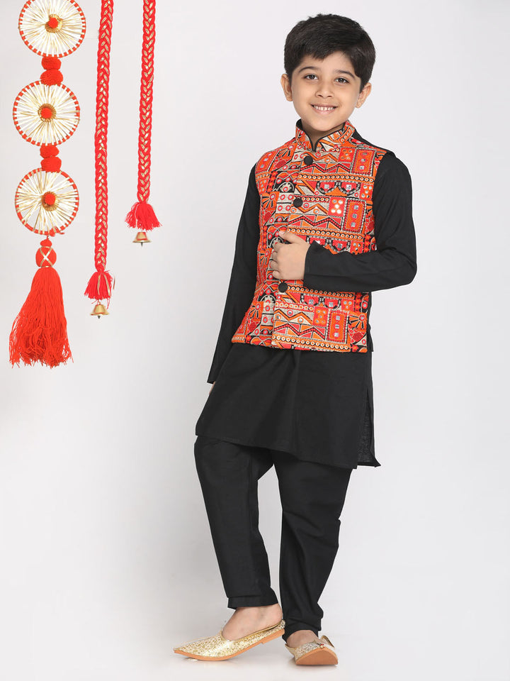 VASTRAMAY Boys' Orange And Black Jacket, Kurta and Pyjama Set