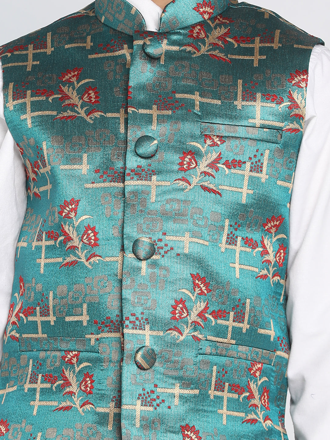 VASTRAMAY Boys' Multicolor-Base-Green Jacquard Nehru Jacket