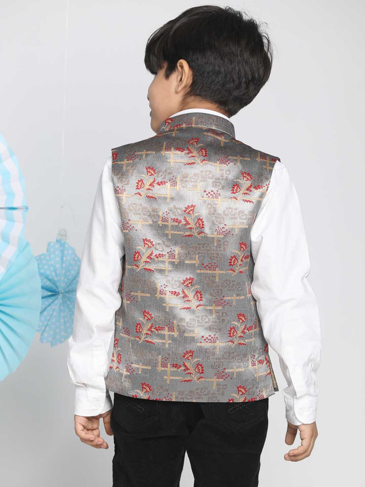 VASTRAMAY Boys' Multicolor-Base-Grey Jacquard Nehru Jacket