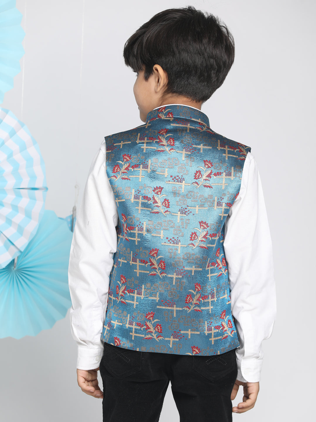 VASTRAMAY Boys' Multicolor-Base-Turquoise Jacquard Nehru Jacket