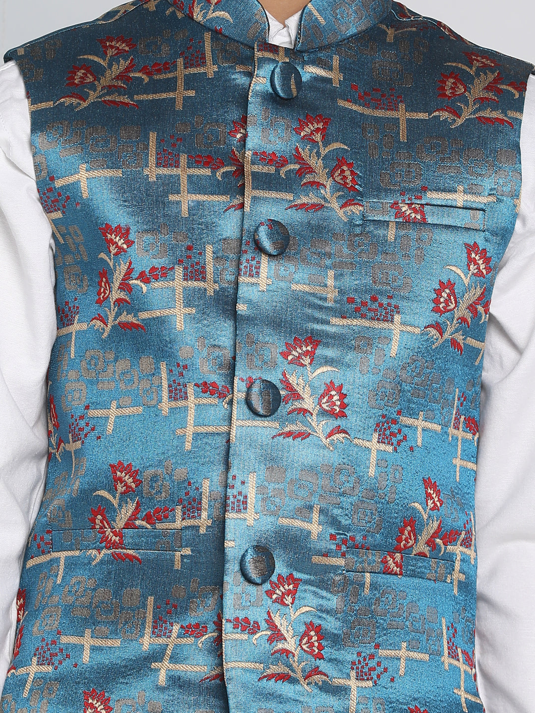 VASTRAMAY Boys' Multicolor-Base-Turquoise Jacquard Nehru Jacket