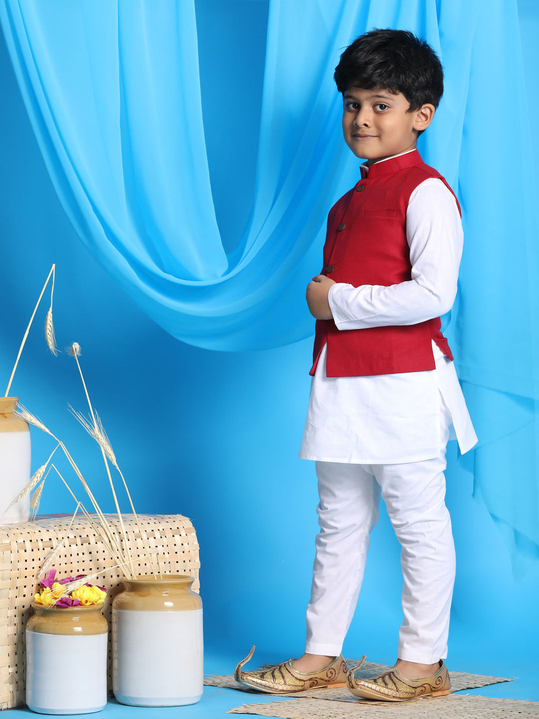 VASTRAMAY Boy's Maroon Solid Nehru Jacket With White Kurta Pyjama set