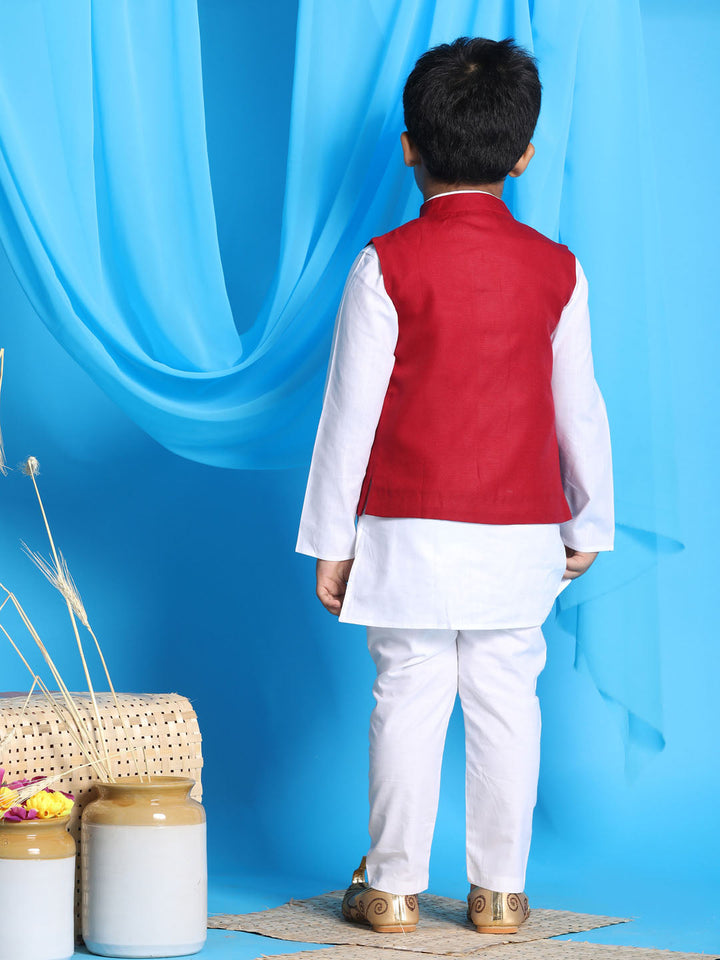 VASTRAMAY Boy's Maroon Solid Nehru Jacket With White Kurta Pyjama set