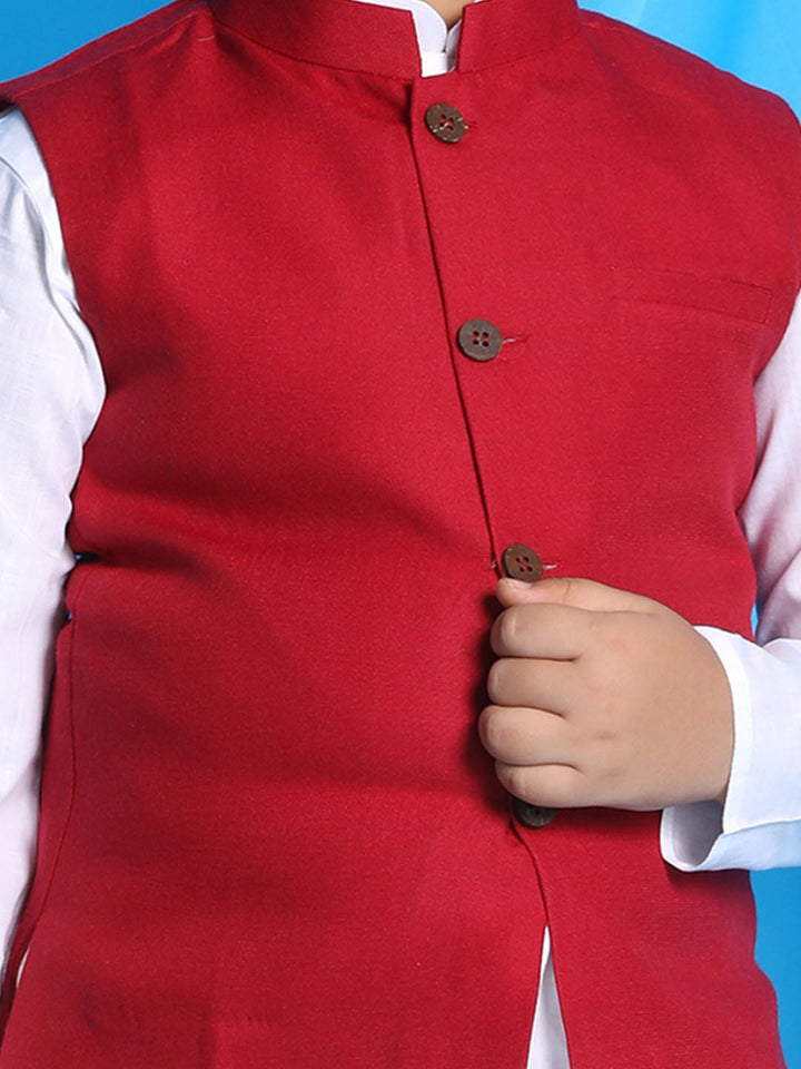 VASTRAMAY Boy's Maroon Solid Nehru Jacket With White Kurta Pyjama set