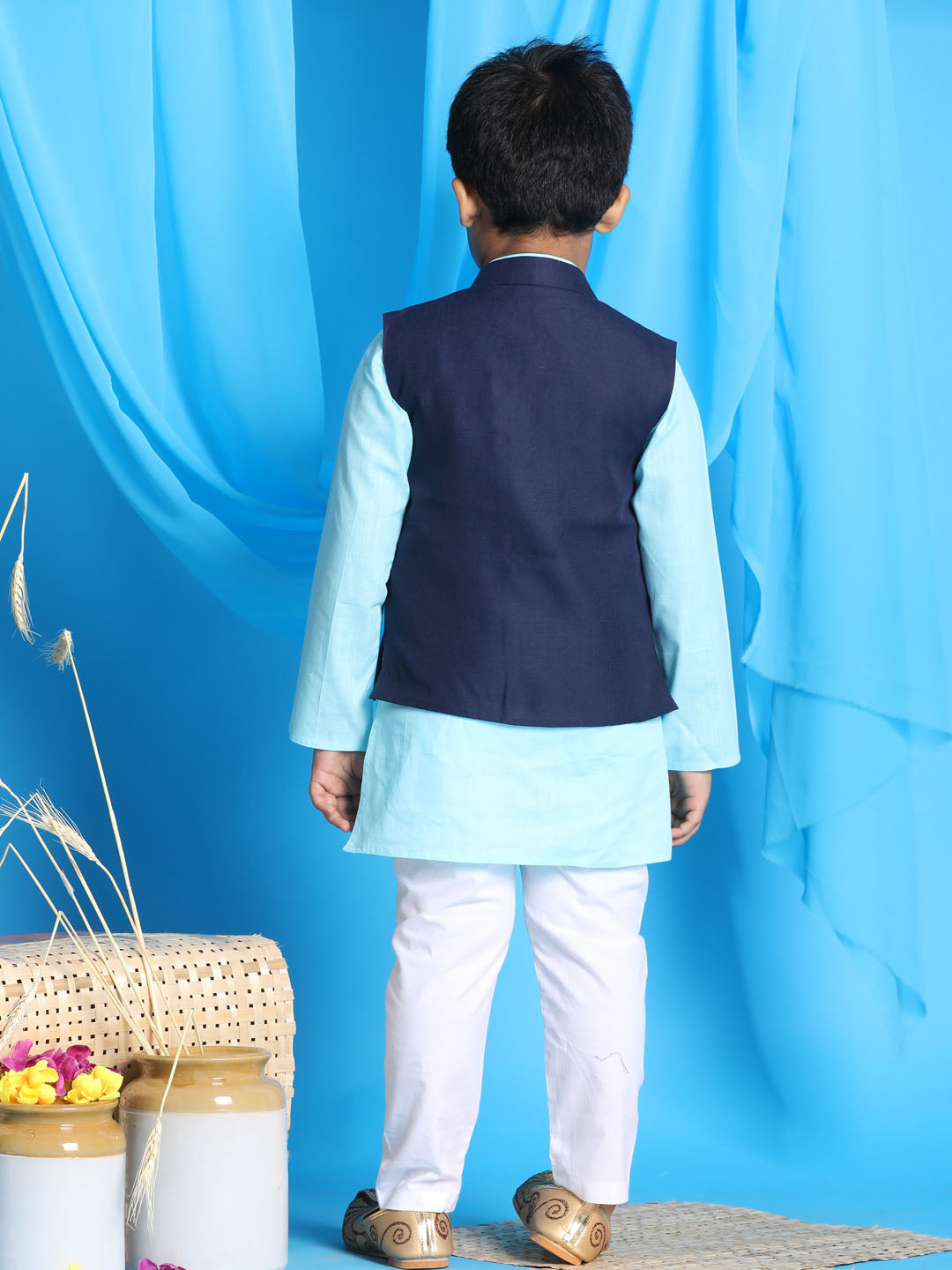 VASTRAMAY Navy Blue Silk Blend Jacket With Aqua Blue Kurta And White Pyjama Baap Beta Set