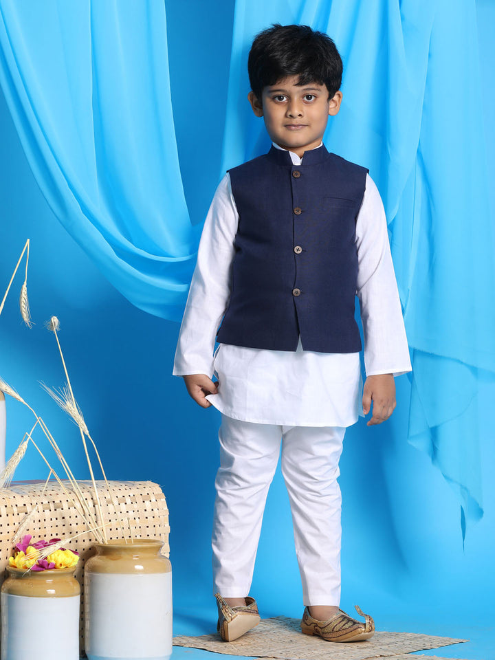 VASTRAMAY Boy's Navy Blue Solid Nehru Jacket With White Kurta Pyjama set