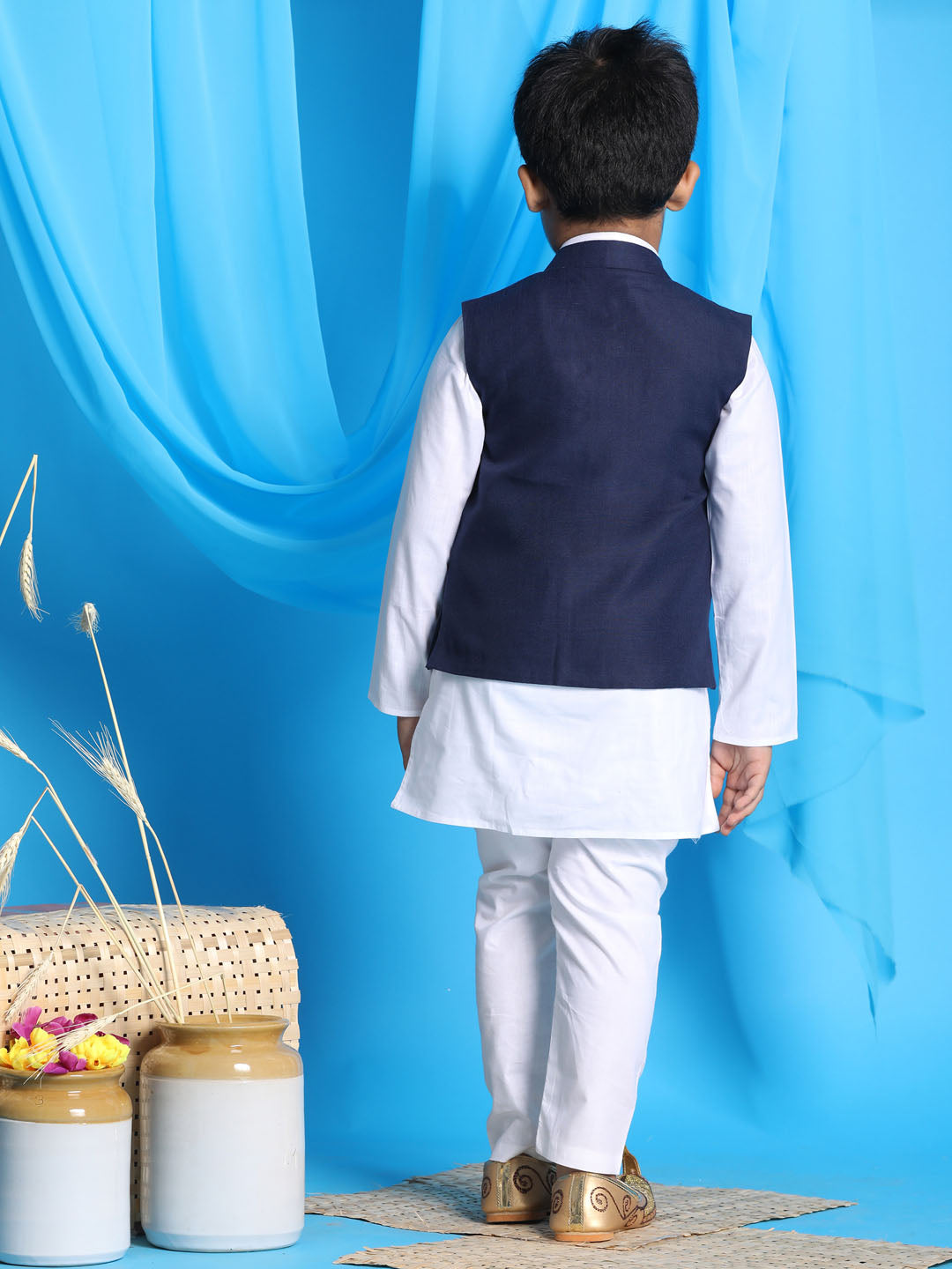 VASTRAMAY Navy Blue Silk Blend Jacket With White Kurta Pyjama Baap Beta Set