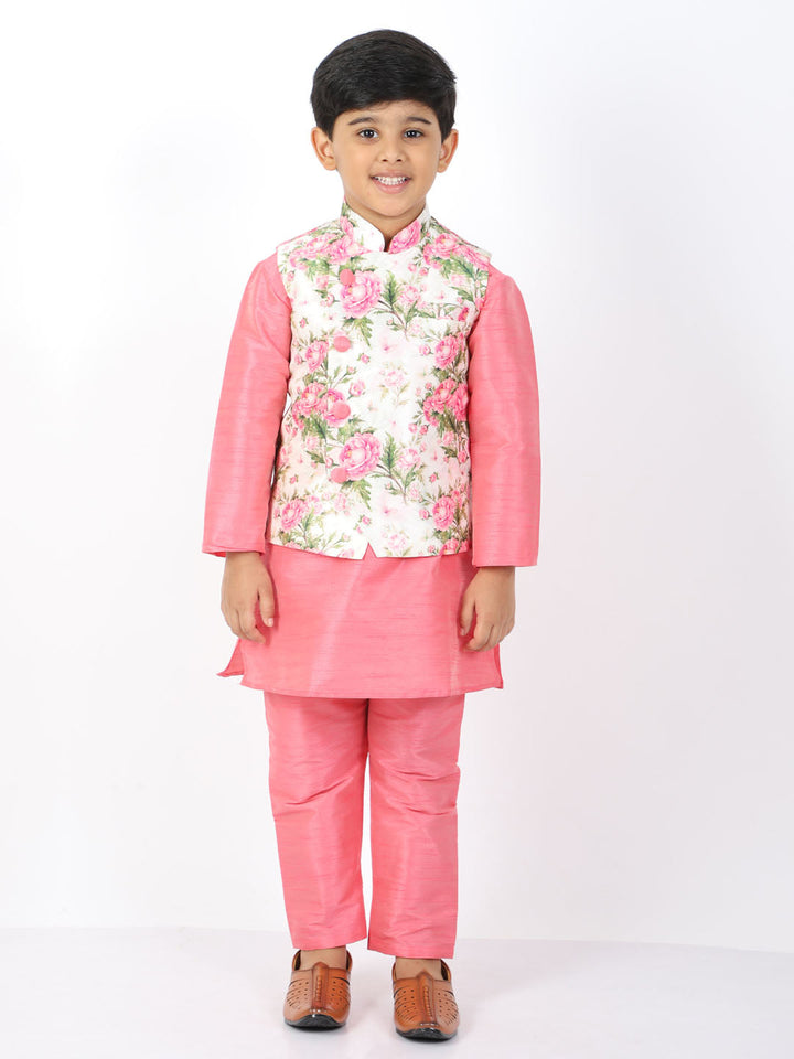 VASTRAMAY Boys Floral Printed Nehru Jacket With Silk Blend Solid Kurta Pyjama Set