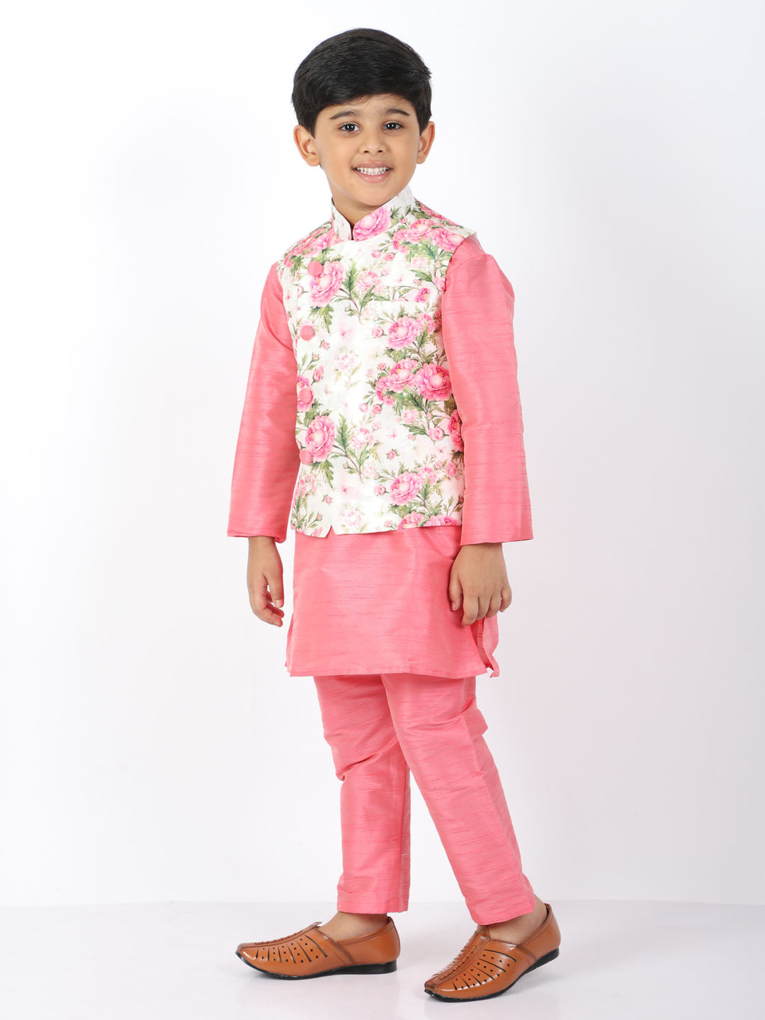 VASTRAMAY Boys Floral Printed Nehru Jacket With Silk Blend Solid Kurta Pyjama Set