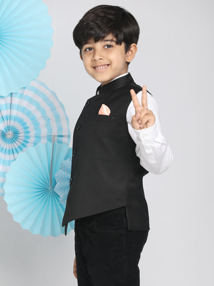 VASTRAMAY Boys Black Solid Satin Nehru Jacket