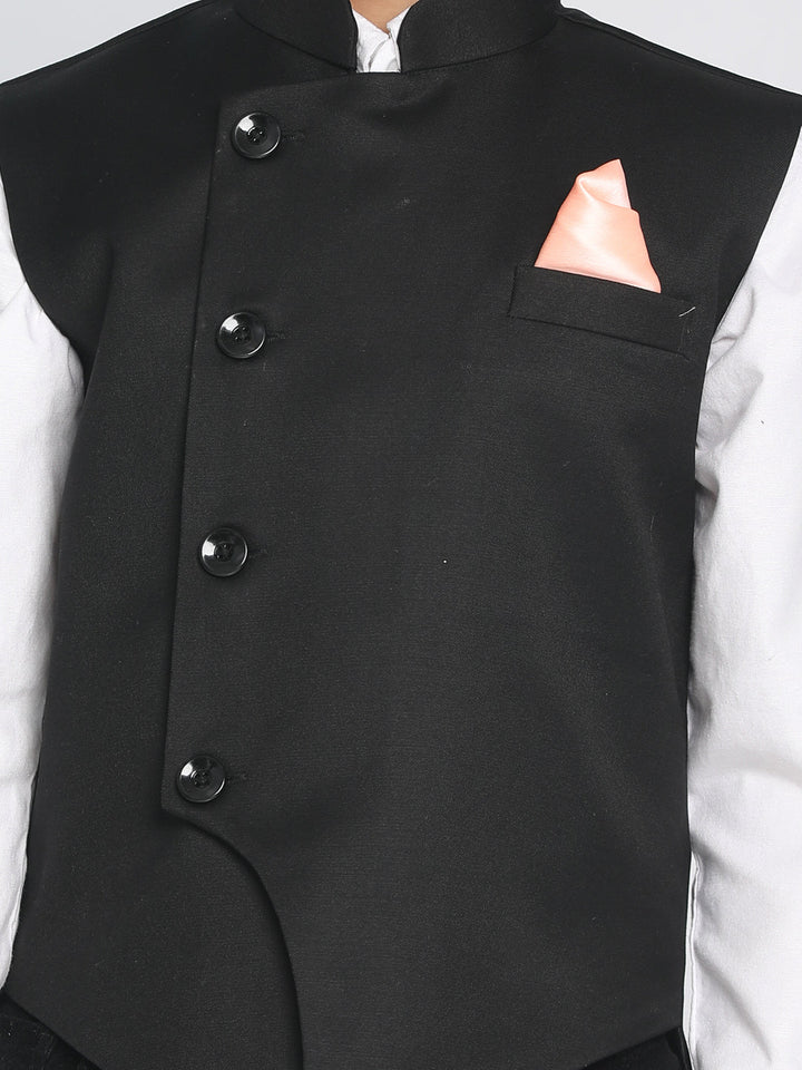 VASTRAMAY Boys Black Solid Satin Nehru Jacket