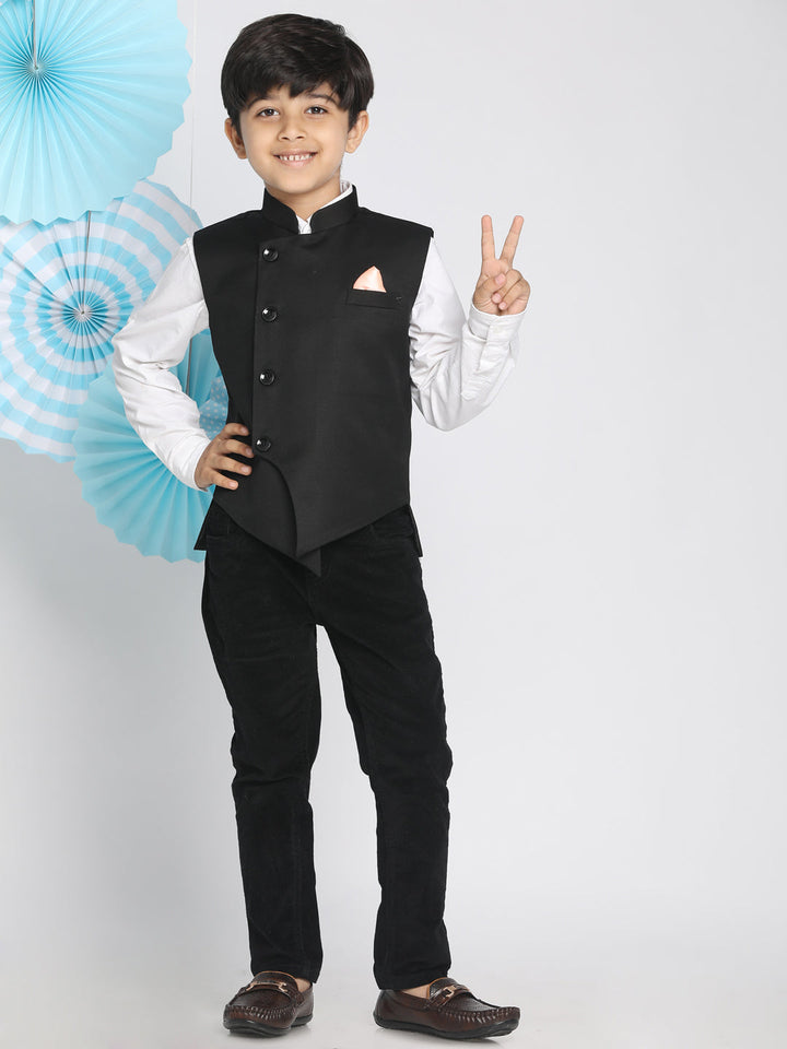 VASTRAMAY Boys Black Solid Satin Nehru Jacket