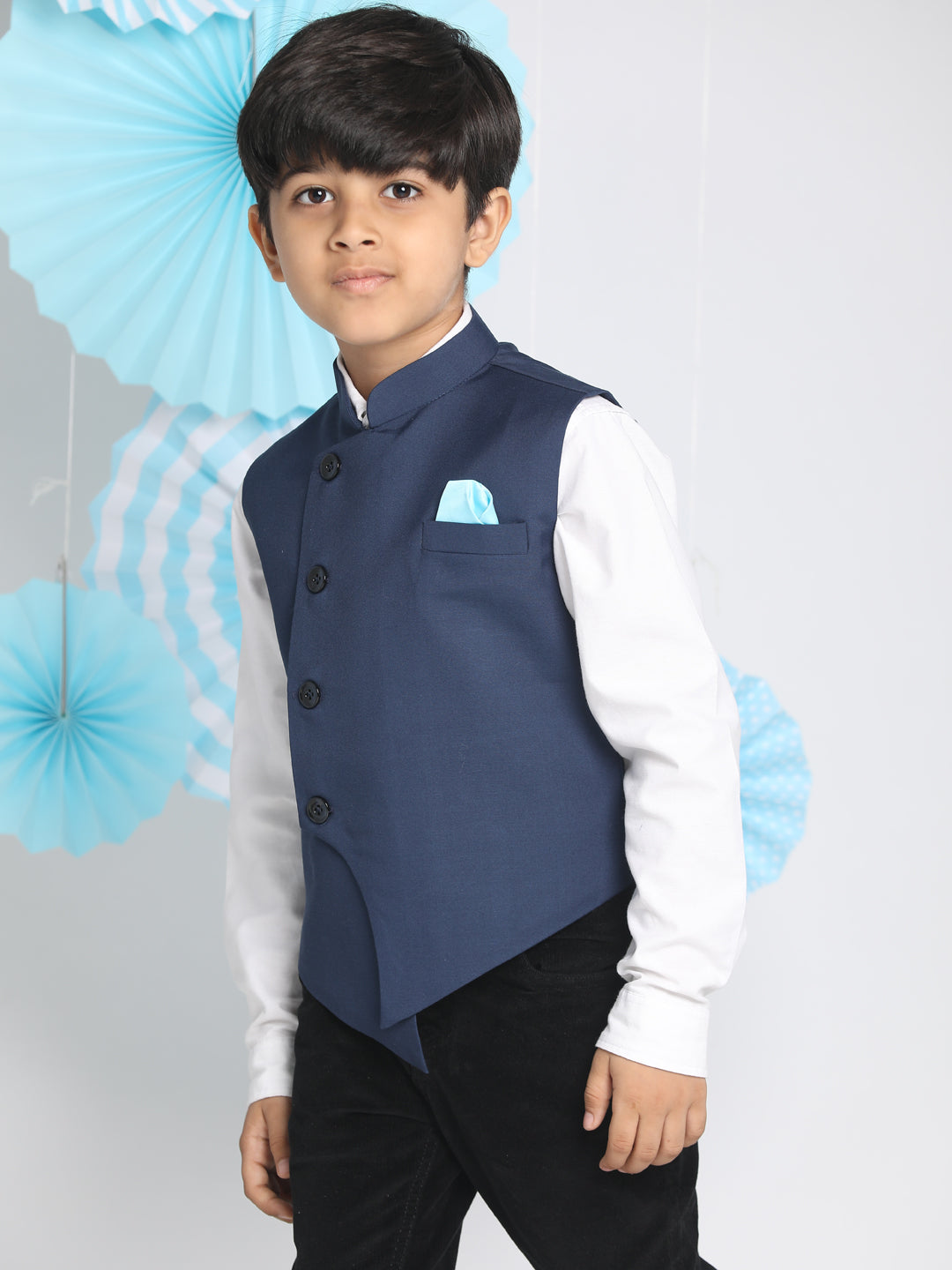 VASTRAMAY Boys Navy Blue Solid Slim-Fit Satin Nehru Jacket