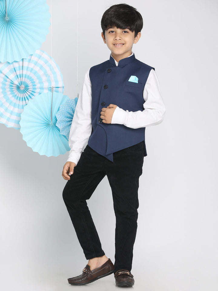 VASTRAMAY Boys Navy Blue Solid Slim-Fit Satin Nehru Jacket