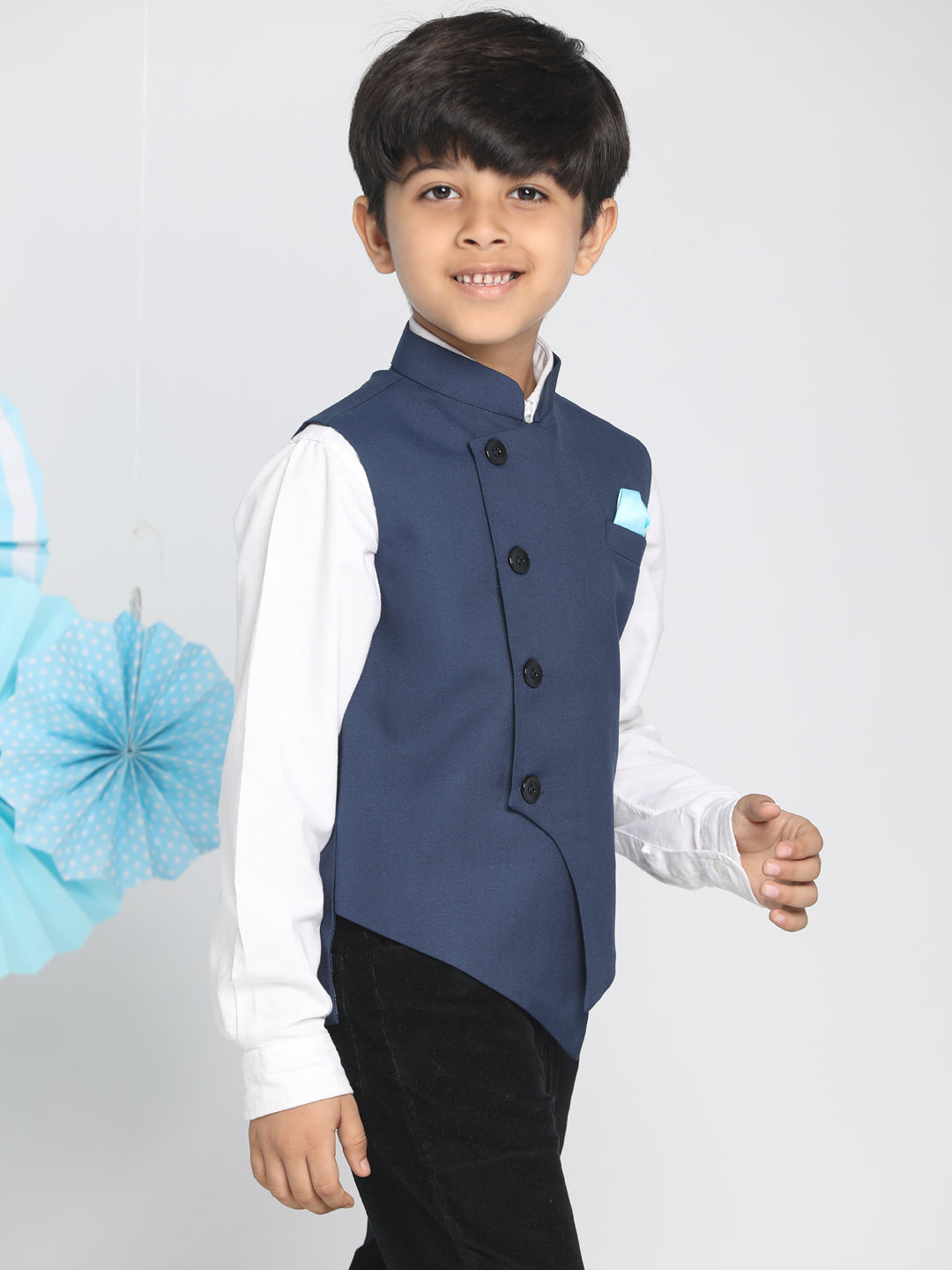 VASTRAMAY Boys Navy Blue Solid Slim-Fit Satin Nehru Jacket