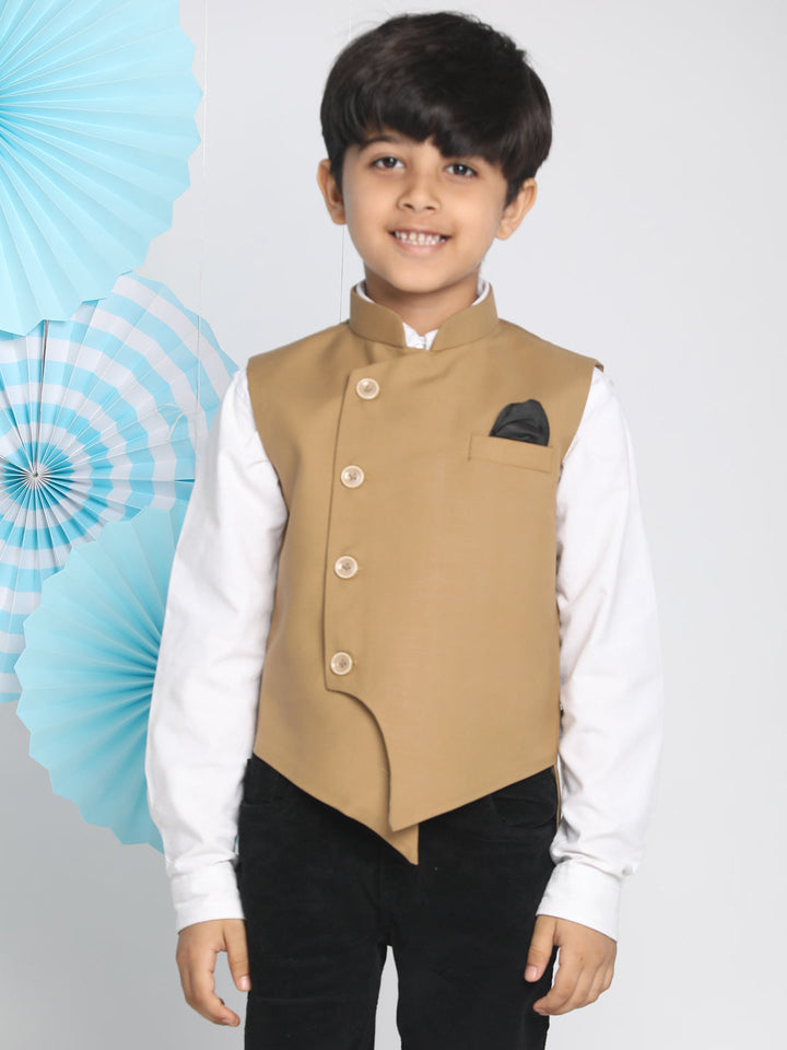 VASTRAMAY Boys Brown Solid Slim-Fit Satin Nehru Jacket