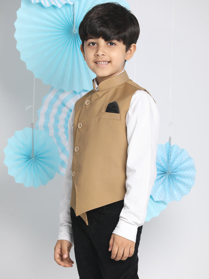 VASTRAMAY Boys Brown Solid Slim-Fit Satin Nehru Jacket