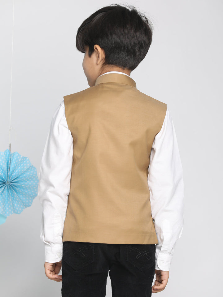 VASTRAMAY Boys Brown Solid Slim-Fit Satin Nehru Jacket