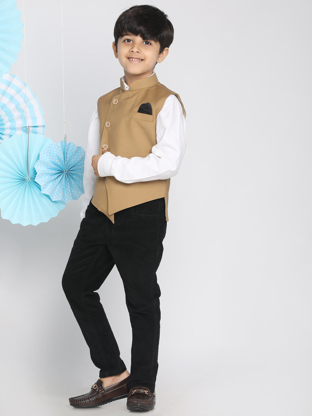 VASTRAMAY Boys Brown Solid Slim-Fit Satin Nehru Jacket