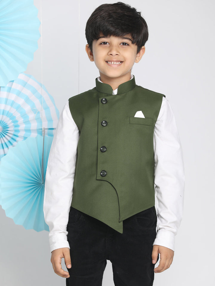 VASTRAMAY Boys Green Solid Satin Nehru Jacket