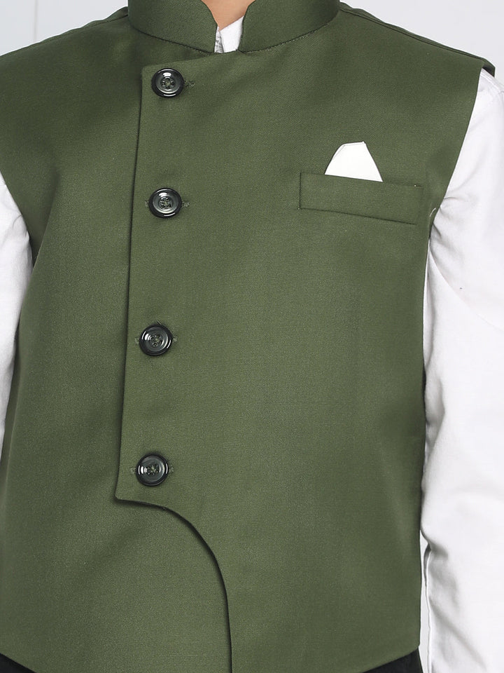 VASTRAMAY Boys Green Solid Satin Nehru Jacket