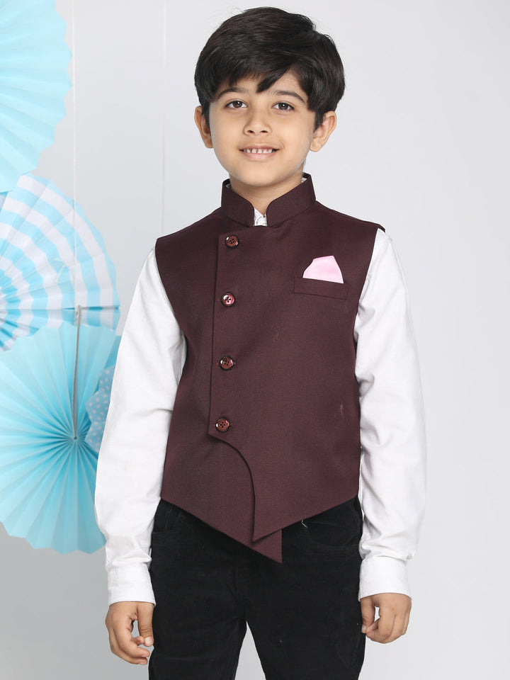 VASTRAMAY Boys Maroon Solid Satin Nehru Jacket