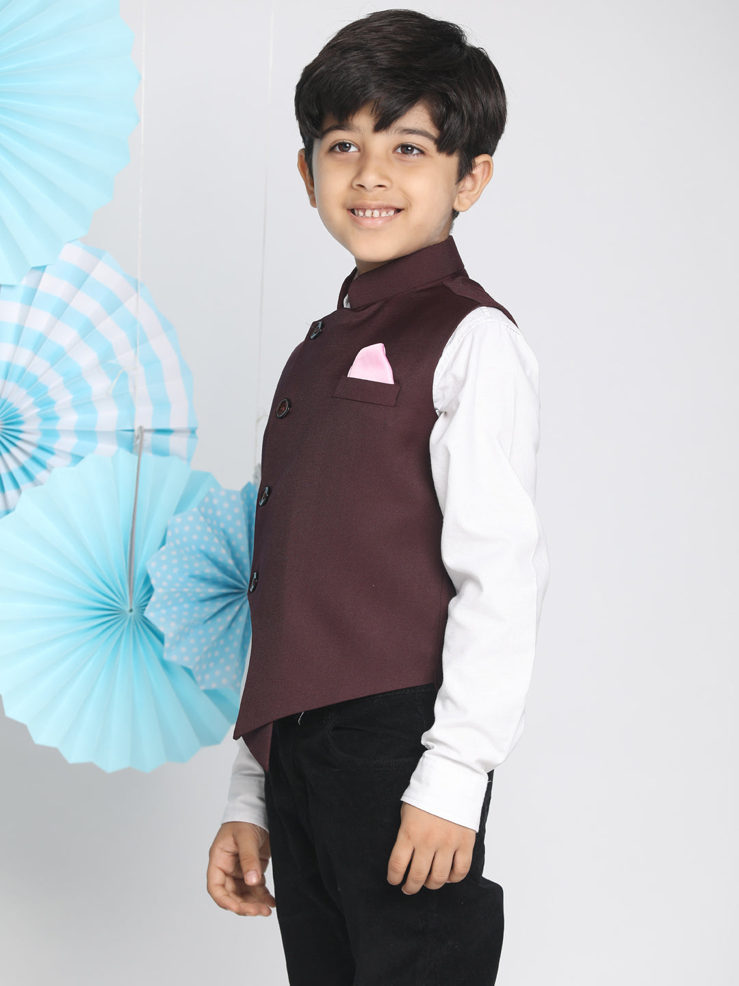 VASTRAMAY Boys Maroon Solid Satin Nehru Jacket