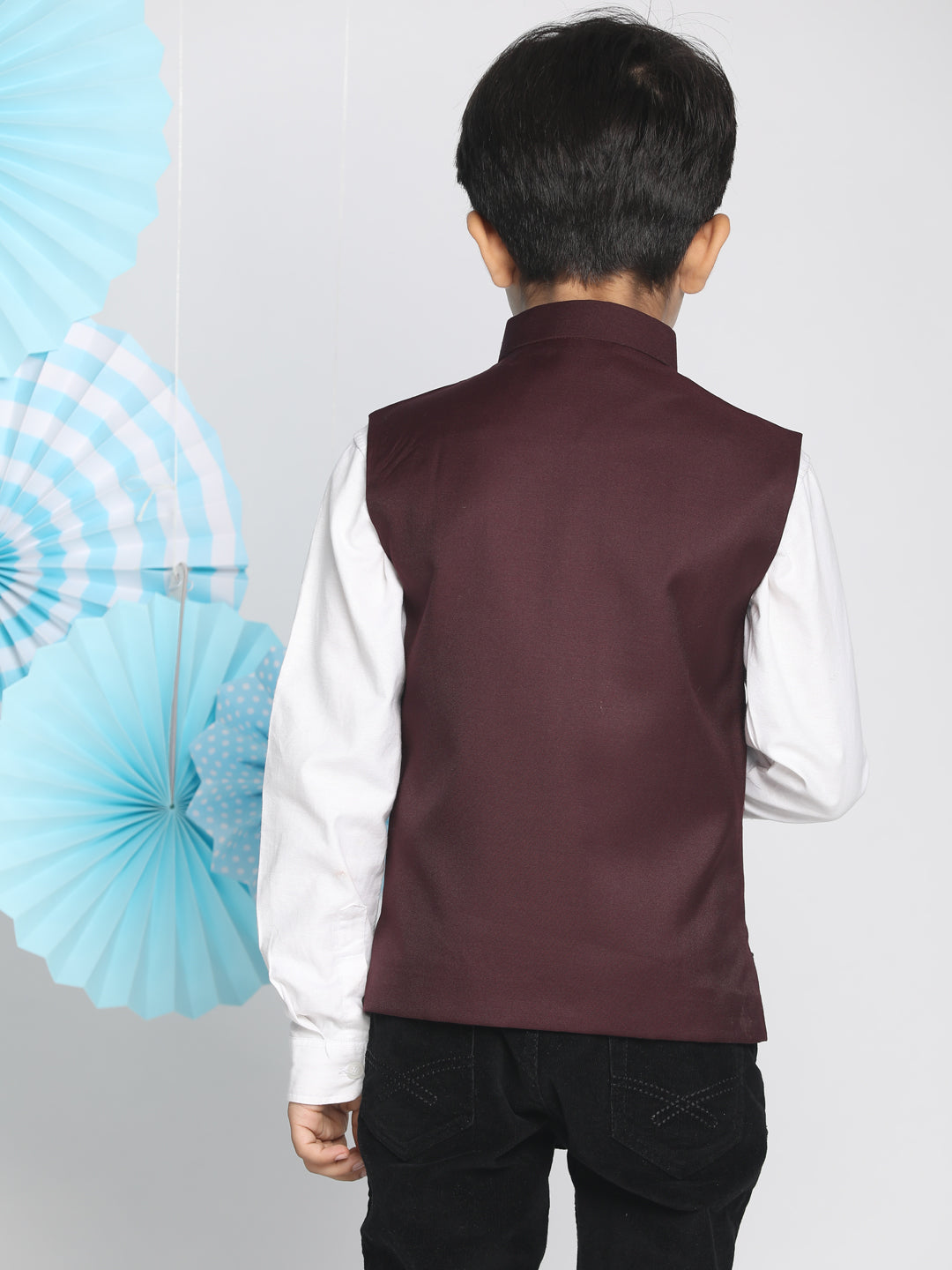 VASTRAMAY Boys Maroon Solid Satin Nehru Jacket