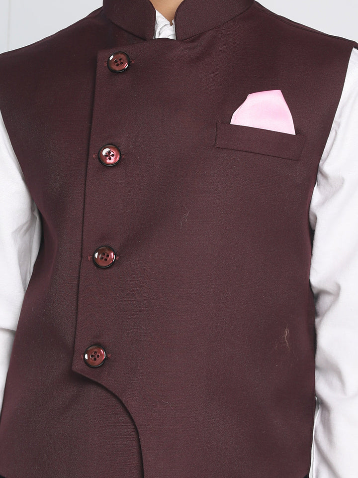 VASTRAMAY Boys Maroon Solid Satin Nehru Jacket