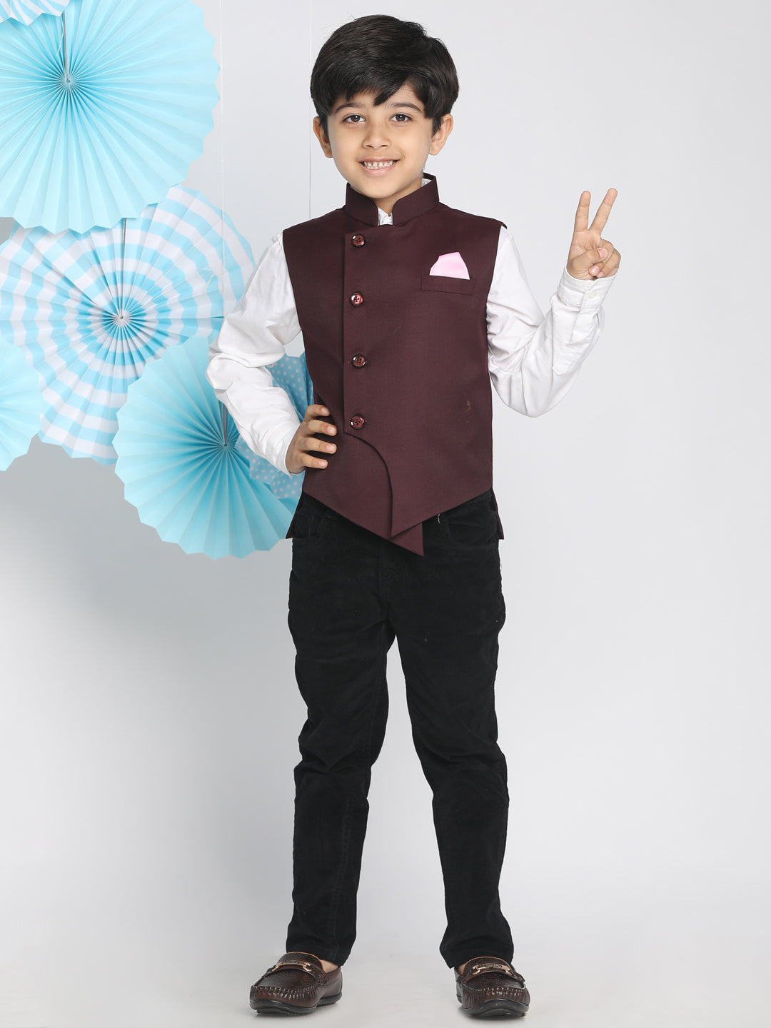 VASTRAMAY Boys Maroon Solid Satin Nehru Jacket