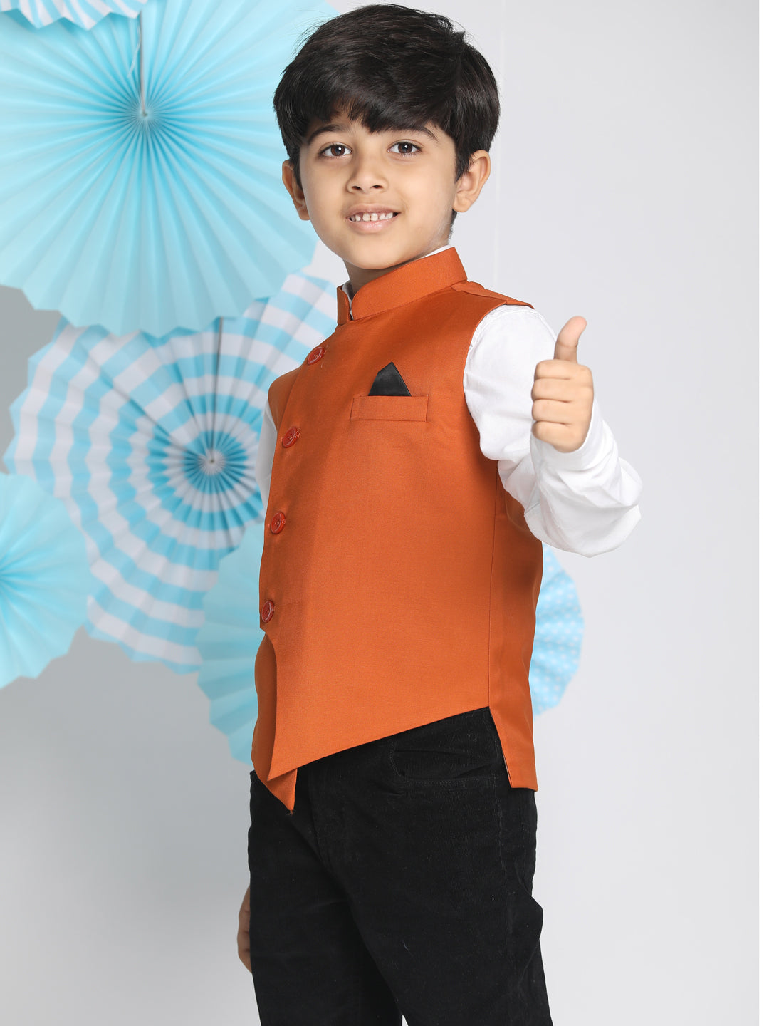 VASTRAMAY Boys Orange Solid Satin Nehru Jacket