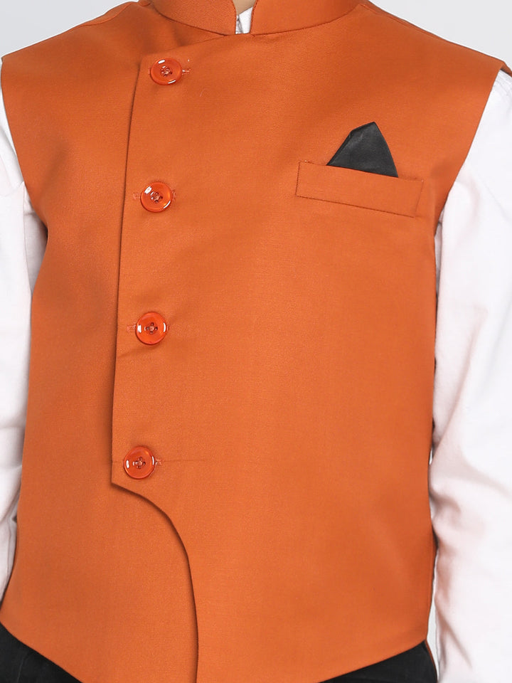 VASTRAMAY Boys Orange Solid Satin Nehru Jacket