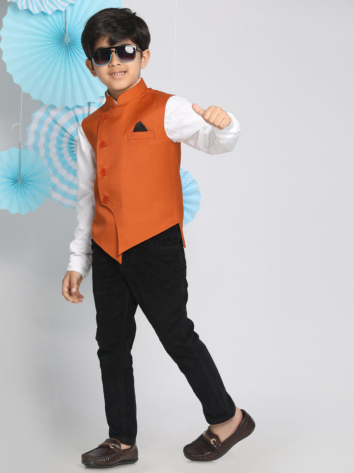 VASTRAMAY Boys Orange Solid Satin Nehru Jacket