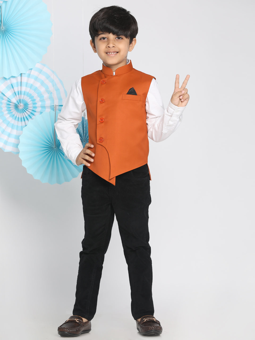 VASTRAMAY Boys Orange Solid Satin Nehru Jacket