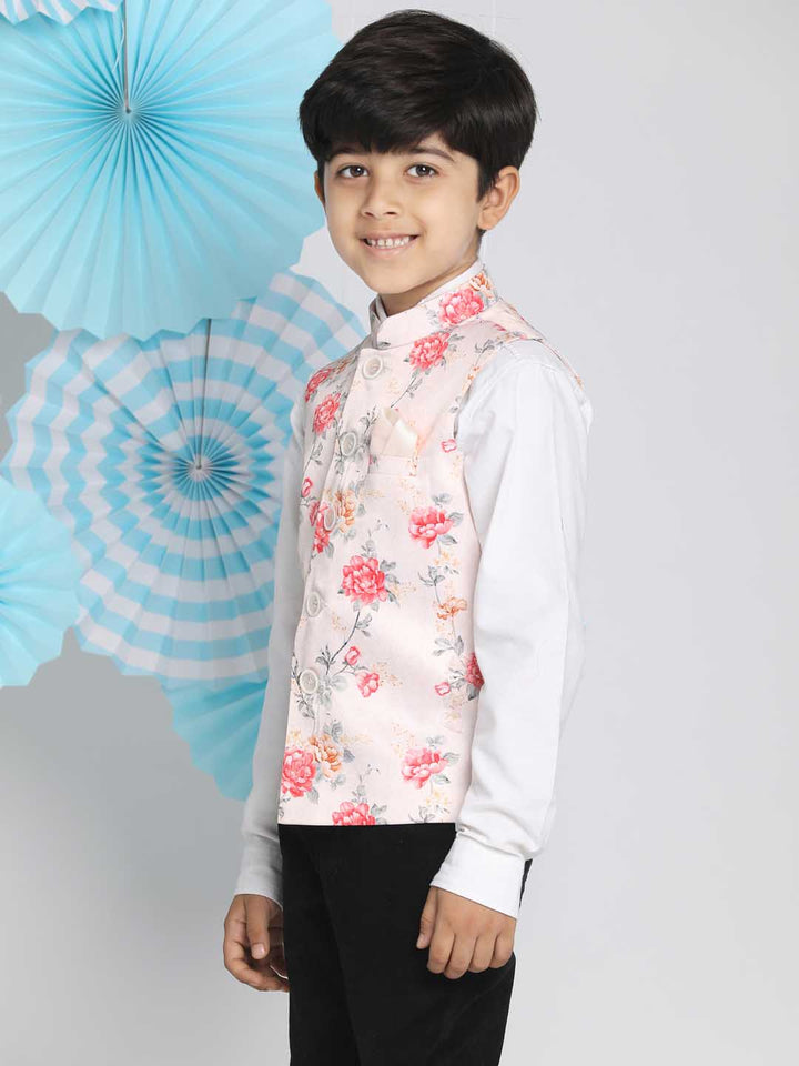 VASTRAMAY Boys Multicolor-Base-Peach Floral Printed Nehru Jacket