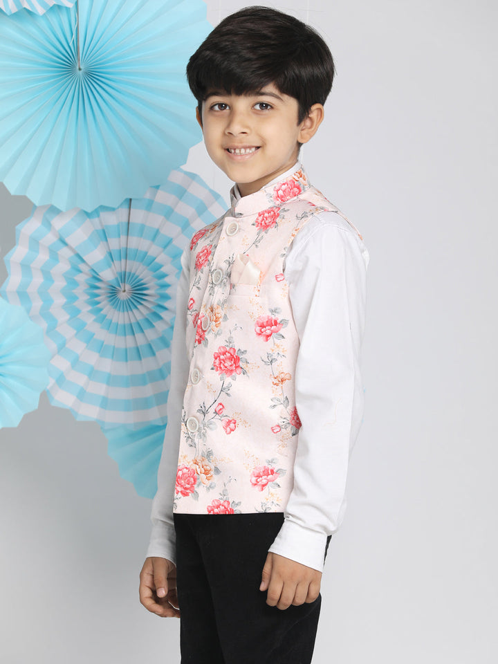 Vastramay Multicolor-Base-Peach Floral Printed Baap Beta Ethnic Jacket Set