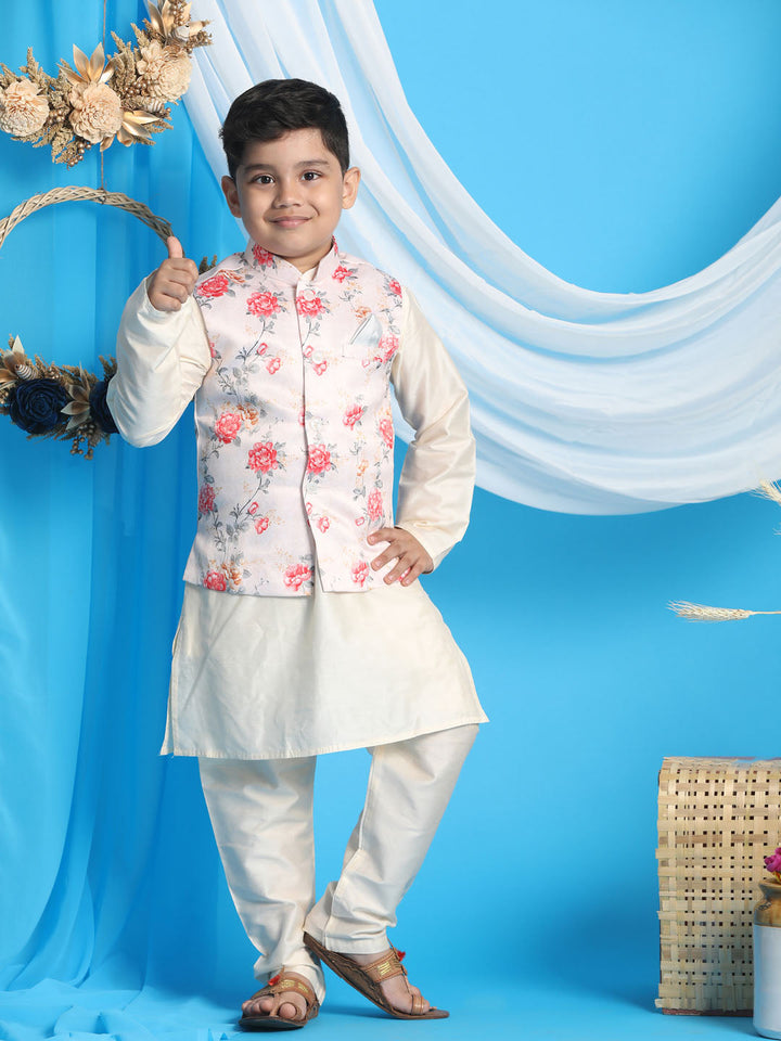 VASTRAMAY Boys Peach Floral Printed Nehru Jacket With Cream Color Kurta And Pyjama Set