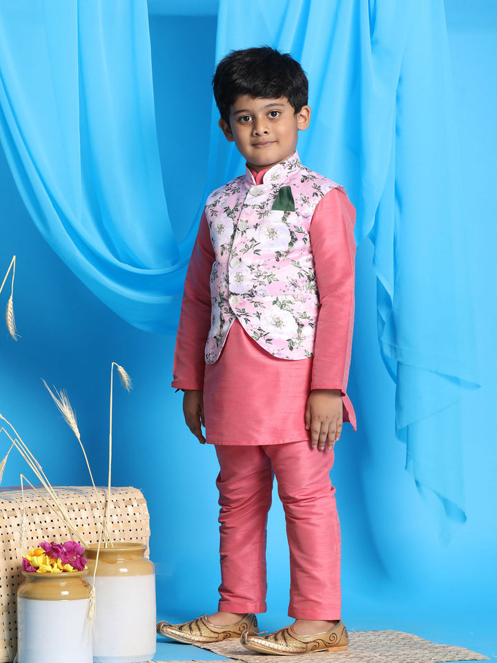 VASTRAMAY Boy's pink Floral Print Jacket With Pink Kurta and Pyjama Set