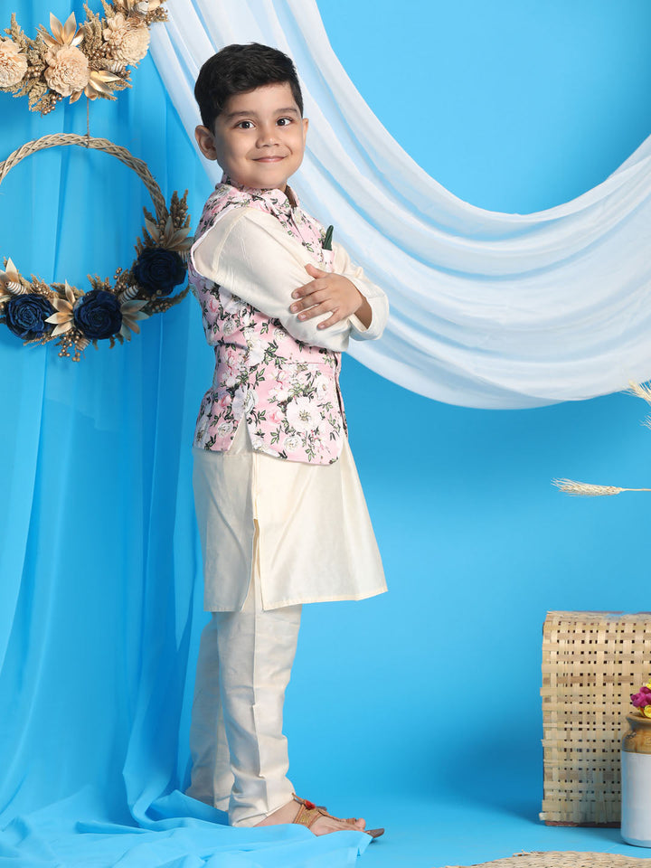 Vastramay Boys Pink Floral Printed Nehru Jacket With Cream Color Kurta And Pyjama Set