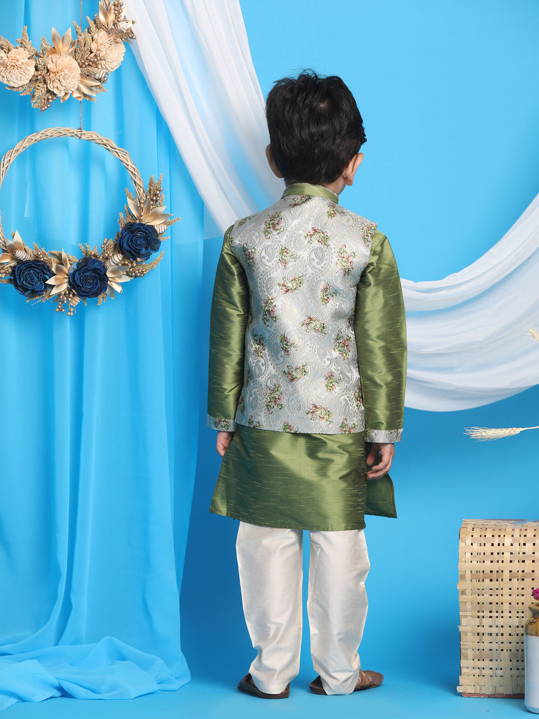 VASTRAMAY Boy's Green Floral Jacquard Jacket With Silk Kurta and Pyjama Set