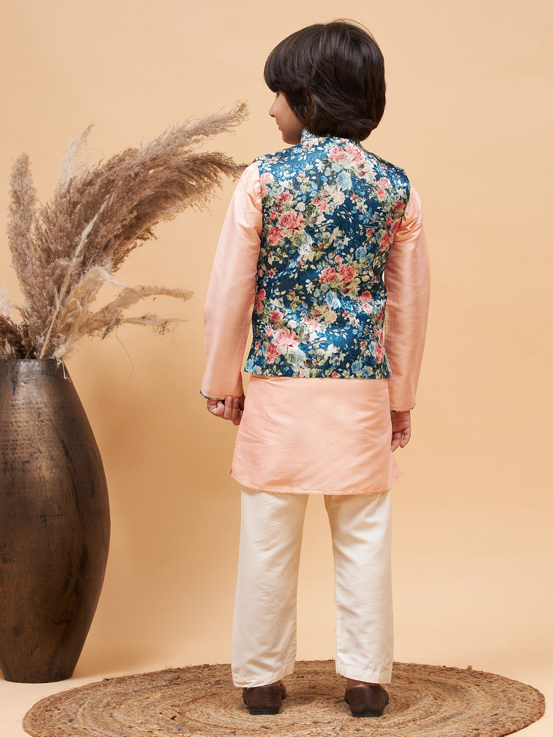 VASTRAMAY Baap Beta Silk Blend Peach Jacket With Peach Kurta Pyjama Set