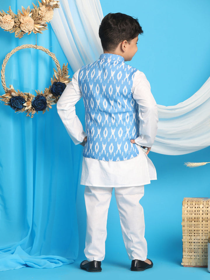 VASTRAMAY Boys' Aqua Nehru Jacket With White Cotton Kurta Pyjama set